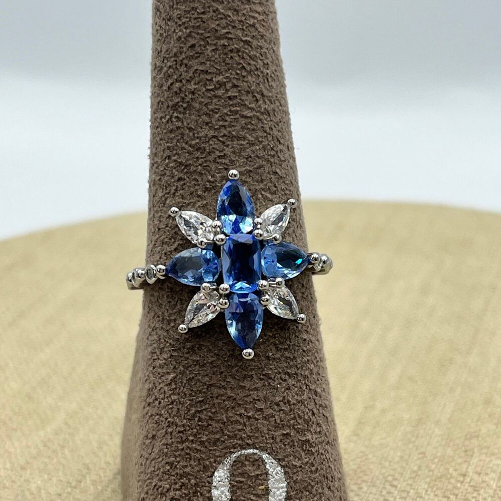 Bomb party rhodium plated lab created blue sapphire stone ring Size 9.5